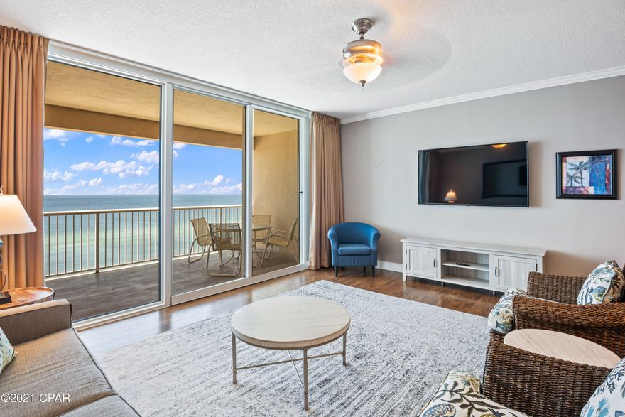 Incredible opportunity to own a fully furnished Gulf front condo on the desirable west end of Panama City Beach! With 4 floors of underground garage, this unit offers 9th floor elevation with amazing panoramic views of the Emerald Coast. This unit boasts an expansive open floor plan totaling 1,026 sq ft offering 1 bedroom, 2 bathrooms & a nice size bunk room. Crown molding & luxury vinyl plank flooring are beautiful features for the main living area & master. The kitchen features new stainless steel appliances, Quartz countertops & breakfast bar, tile backsplash, and plenty of storage with ample cabinets & pantry. The floor to ceiling sliding glass doors & windows enhance the Gulf views even more. Access a spacious 170 sq ft balcony from the living area, the perfect place to relax & dine. The unit is bright & welcoming with floor to ceiling glass sliders, raised ceilings, and an open floor plan. The open floor plan makes dining, entertaining, and relaxing easy. Enjoy stunning Gulf views from all the common areas. The master bedroom features a king bed, crown molding, plantation shutters, luxury vinyl plank flooring, and an en suite bathroom. The master bath has been updated with a Quartz vanity and contemporary lighting and features a shower/tub combo. The bunk room and additional bathroom are perfect for guests. The guest bathroom features a lovely pedestal sink and walk-in shower. There is a stackable washer/dryer in the unit for convenience.

Unit 504 would make a terrific turnkey investment, full-time residence, or true second home. A great feature about Palazzo is it is lower density than most complexes with just 129 units with approximately half of them being non-rentals. You can enjoy the laidback feel & privacy, however, if you decide to rent, they have great rental income potential as well with a projection of $45K!

Palazzo amenities include elevated Gulf front pool, hot tub, complimentary beach service (Mar-Oct), fitness facility, and meeting room. At Palazzo you are on the desirable West End of Panama City Beach, 1 mile from Pier Park shopping center and less than 20 minutes from the Panama City Beach International Airport. Palazzo has 4 levels of covered Gulf Front parking under the building, so no need for massive parking garages with elevated walkways across the street. Do not miss out on this amazing opportunity to own an incredible unit at one of the finest condominiums in Panama City Beach!