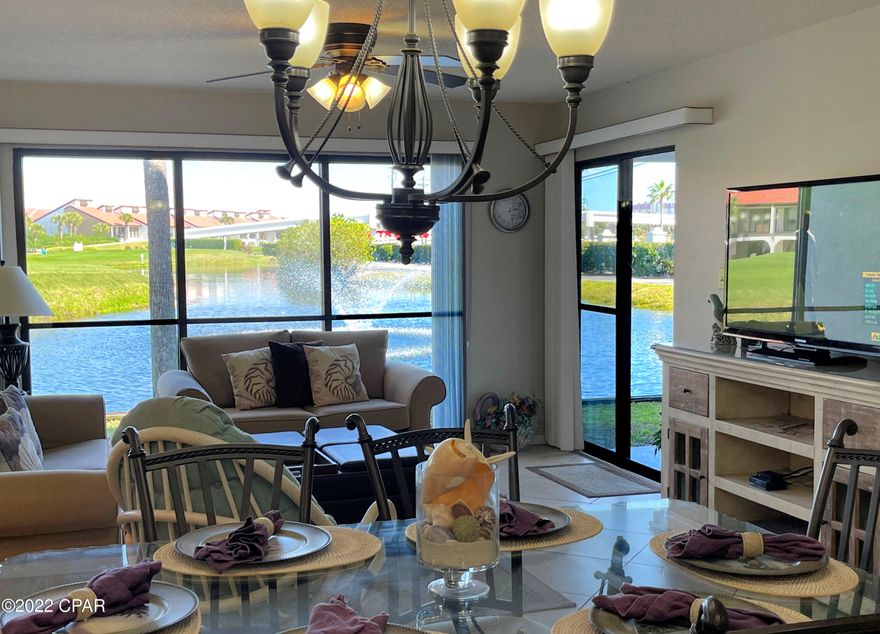 Extra spacious waterfront condo on Hole 1 at popular Edgewater Beach & Golf Resort. This pretty Villa is ground floor so no stairs! There are several updates and it's offered fully furnished and rental ready. Ideally located, it is only steps to the Villa's Heated Pool, Sports Center and Beach Walkover. Grab the tram to exclusive beachfront amenities including Tropical Pools, Hot Tubs, Sun Decks, Beach Access. Restaurant, Poolside Bar, Market, Pizza Shop. Kids Club features Splash Pad, Activities & Events. At The Club owners play UNLIMITED Golf, Pickleball, Tennis, Shuffleboard. Stay beach ready at the Fitness Center with Salon services. Pet friendly for Owners! Gated Entrances, 24-hr Security. Retail and dining across street, minutes to Pier Park. Ask for a Cost To Own Estimate.