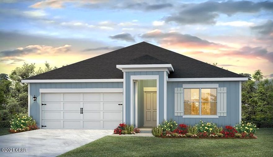 The Cali plan located in the new Mars Hill community, is a beautiful 4 bed, 2, bath, 2 car garage home. As you enter this Cali, you will find quality paint with orange peel textured walls and traditional 8' ceilings. Vinyl flooring is throughout all common areas of the home, with carpet in all bedrooms. The kitchen has a center island, a pantry, beautiful stained cabinetry and durable laminate countertops. Bedroom 1 features a private bath with a large walk-in closet, dual sink vanity, and a separate shower/tub combo. One of the remarkable features of this community is that it is located directly across from Majette Park, which is home to Panama City's only Disc Golf Course. Mars Hill is also a short drive to Tyndall Air Force Base, and the Naval Station located on Panama City Beach. A standard Smart Home package includes a KwikSet keyless entry, Skybell doorbell, automated front porch lighting, an Echo Dot device, and Quolsys touch panel which can be integrated to control your lighting, thermostat, front door and so much more.

Pictures, photographs, floor plans, elevations, features, colors and sizes are approximate for illustration purposes only and will vary from the homes as built. Home and community information including pricing, included features, terms, availability and amenities are subject to change and prior sale at any time without notice or obligation. For Move-In/Completion Estimates: Ready dates are estimates only. Timing of completion of construction and buyer move-in are subject to contingencies contained in home purchase agreement and governing jurisdictions issuance of a certificate of occupancy, and may change due to forces majeures and other delays or disruptions outside the reasonable control of the Builder.

A builder 10 year structural warranty is also included.