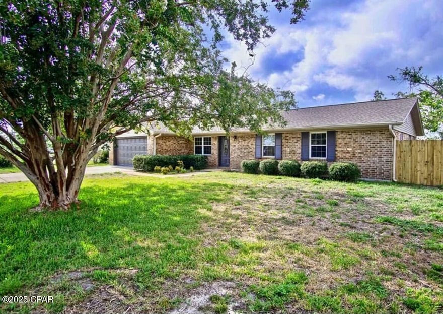 Do not miss the opportunity to see this beautiful brick home with 2 car garage. This home is turn key with updated bathrooms and new roof in 2019.  You will enjoy how spacious the home is with 3 bedrooms, 2 full bathrooms and 2 separate living spaces one of which could easily be converted into an office or another bedroom. The large backyard offers plenty of room for a future pool and the back patio extends to the side of the house offering plenty of space to park a boat or recreational vehicles. 6.2 miles to Tyndall Air Force Base, close to all of Panama City's shopping, and the Worlds most beautiful beaches! All information should be independently verified by buyer.