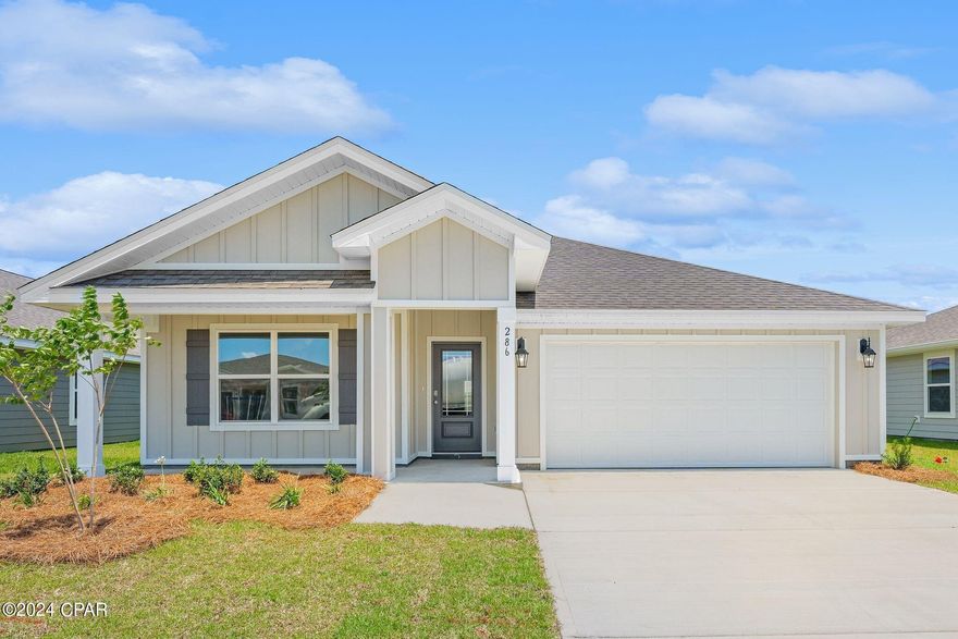 New construction home located at 286 Boggy Creek Way. This home is move in ready and features the Cali floor plan. The exterior of this home features Hardie siding, and a landscaped front entry with flower beds. As you enter this 4 bedroom, 2 bath home, you will see 1,799 square feet of spacious living. Inside you will see 8' ceilings throughout. The kitchen has a large center island and includes stainless-steel appliances, a smooth top range, microwave, and dishwasher. This home was designed with an open concept floor plan. Interior features include LVP flooring in all common and wet areas, quartz countertops, and carpet in each bedroom. This home has a Smart Home technology package that includes a Qolsys touch panel that can be integrated to control your lighting, thermostat and even secure your home with a single touch. Park Place is Less than 10 miles to Tyndall Air Force Base, making it our closest neighborhood to the base. It also features a community pool and bath house as well as a playground. It is located only 18 miles to the beautiful white sand beaches of Panama City Beach and 10 miles to the business and shopping district of Panama City, 23rd Street and Historical Panama City. Park Place is close to great schools in the area and only 23 miles from the quiet, well visited Mexico Beach, Florida. Homes are subject to prior sale or rent. Home and community information, association fees (if any), included features, terms, availability and amenities, are subject to change at any time without notice or obligation. Drawings, pictures, photographs, videos, square footages, floor plans, elevations, features, colors and sizes are for illustration purposes only and will vary from the homes as built. Landscaping and furnishings may be decorator items not included in the purchase price and may not be available.