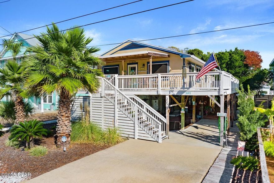 Welcome to your turnkey coastal retreat just 1,000 feet from the sugar-white sands of Panama City Beach. This short-term-rental-approved property is packed with updates including a brand-new roof installed in 2025 with warranty, a tankless water heater added in 2023, a new AC system in 2022, and all new plumbing completed in 2020. Elevated on pilings, the home features a cool beach bar under the house, an outdoor shower, a hammock area, and a cozy firepit space—perfect amenities for Airbnb guests or your own weekend escape. The spacious wrap-around porch captures refreshing salty sea breezes, offering the ideal spot to relax after a day at the beach. You can even see the beach access right from the driveway. This home comes partially furnished, making it truly turnkey whether you're looking for a strong investment opportunity or a personal getaway. Coastal living doesn't get more convenient than this. Best priced home this close to the sand. This will not last.