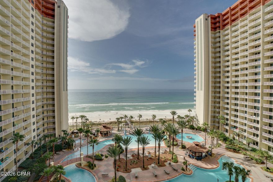 Own a ground floor level condo at The Shores of Panama and walk right from your balcony out to the pool with this highly sought-after ''C'' stack condo--1BD 2BA + Bunk.  The condo conveys fully furnished and rental-ready, making it an effortless investment opportunity or turnkey beach retreat. This unit also includes one deeded parking space. Shores of Panama is home to the largest Gulf-front lagoon pool in Panama City Beach, with its spectacular 14,000+ sq ft zero-entry lagoon pool with palm-lined islands, fountains, and expansive hot tub. tropical palm islands, fountains, and an oversized hot tub--all just steps from exclusive beachfront access. Owners and guests also enjoy: Indoor heated pool and hot tub, 24-hour fitness center, Seasonal poolside Tiki bar, Covered parking, and On-site security. The location is unbeatable--walk next door to Pineapple Willy's for beachfront dining or cross the street to Laketown Wharf for multiple dining options including The Wharf Buffet, Juan Taco, and LuLu's Bar & Restaurant. Shopping, entertainment, and attractions are all within easy reach. If you're looking for a well-positioned condo with proven rental appeal and unbeatable amenities--this is a standout opportunity. With exterior renovations scheduled to enhance curb appeal and long-term value, this is a strategic opportunity to secure this wonderful gulf front condo, ideal as a personal retreat, income powerhouse, or both. All information and HOA details are believed accurate but should be verified by buyers if important.