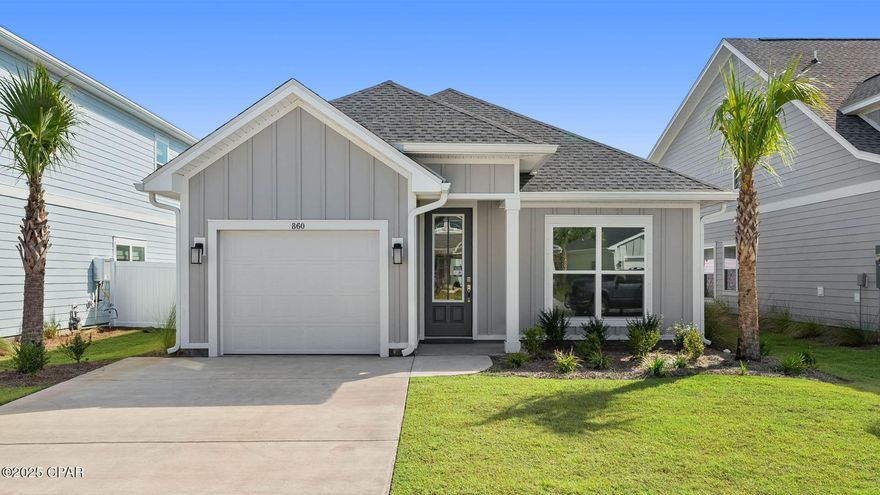 Welcome to 861 Walsonham Drive at Breakfast Point East in Panama City Beach Florida. This home is under construction and situated on an exterior lot at Phase I. This floor plan features three-bedrooms, two full bathrooms with an open concept living area. As you enter this home through the covered entry, you will notice there are two bedrooms situated off the hallway with a shared bathroom. Continuing down the hall you will pass the laundry room and mudroom, both conveniently located across from the garage door. The spacious laundry room features beautiful accent flooring and plenty of space for a sorting and folding station. The grand hallway opens out to the large living space and the kitchen. You will be amazed at the open feel with 9-foot ceilings, numerous large windows flooding the space with natural light, and a center island with bar seating where the conversation can flow with your family or guests as meals are prepared and shared.  

The living area is a grand space where you can kick back and relax after a busy day. The dining area is situated between the kitchen island and living area where you can spend the evening playing games around the table and enjoy your evening meals.  

The kitchen is adorned in modern finished such as soft close Shaker-style cabinetry, quartz countertops, and stainless-steel appliances. Do all your prep work and clean up from the center island where the sink and dishwasher are conveniently located. 

The main bedroom is located at the back of the home and features a tray ceiling, EVP flooring, and a large window. The elegantly designed en suite bathroom is complete with an oversize tile shower with a glass door, marbled tile flooring, and quartz countertops. Never run out of storage space with two separate vanities separated by a linen closet, and a walk-in closet with built-in wood shelving. 

Embrace the Breakfast Point East lifestyle where convenience and coastal beauty await you. Give us a call to tour this beautiful home today!