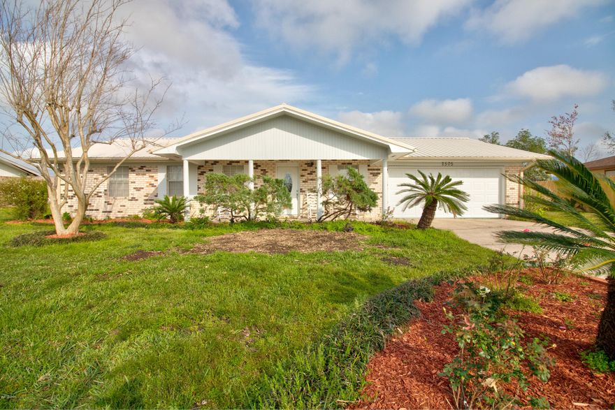 Centrally located home in Lynn Haven's Belaire Estates offers an open concept eat-in kitchen and den with gas fireplace, formal living and dining room, privacy fenced backyard with yard building and covered deck off den.  Minor hurricane damage has been repaired, with exception of installation of four new windows (one in master bedroom, kitchen window and two windows in den), and a set of shutters. New metal roof installed Summer 2018. After hurricane repairs include chimney repair of flue, crown and cap, shadow box fencing, gutters, four windows, minor roof repair, tree removal and yard building repair.  Buyer to verify room measurements if important.