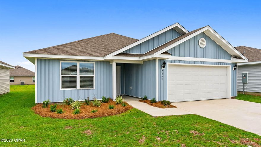 Welcome to the Lismore, a new home floor plan located at Liberty in Panama City, Florida. The Lismore is thoughtfully designed 3-bedroom, 2 bathroom, one-story home with 1.580 square feet of modern living. On the outside of your home, you will see durable vinyl siding, a spacious two-car garage with an opener and a fully sodded yard to the property lines. This home comes equipped with dimensional shingles with a limited lifetime warranty, electronic deadbolts on all exterior doors, weatherproof outlets, and hose bibs. Sidewalks line the neighborhood streets for you to enjoy the beautiful Florida weather at Liberty. Inside you will see 8' ceilings throughout, engineered vinyl plank flooring throughout the home and carpet in the bedrooms. The front bedrooms, bathroom, and garage are close to the front door and welcome you into an open living room and kitchen, perfect for having guests over. Granite countertops, white cabinetry with soft-close are in the kitchen and bathrooms, and the kitchen island make hosting or serving dinner at the bar a breeze. Complete with a pantry, and stainless-steel appliances including smooth top range, microwave, and dishwasher means your kitchen is fully equipped. The living room has plenty of windows for natural lighting and leads right to the back door. Each bedroom comes with soft carpet floors and spacious closets. The Primary Bedroom features a bathroom with a detached shower and double vanity with granite countertops. The walk-in closet is adjacent to the bathroom, meaning more space in your bedroom. As with all the homes in Liberty, your home is outfitted with the latest Smart Home technology allowing you to manage your home right from your phone, making your comfort easy and exceptional. Our Liberty community features underground utilities making it less susceptible to damage from severe weather leading to fewer outages and more reliable service. Residents of Liberty can enjoy exclusive access to two amenity centers, complete with two pools, a children's splash pad, two playgrounds for endless fun, a well-equipped gym, poker room, yoga room, two pickle ball courts, basketball court, and a well-equipped fitness center. Embrace the lifestyle you deserve where every detail is curated for your ultimate enjoyment.