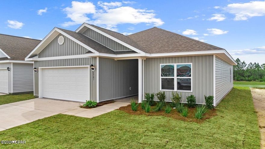 Welcome to the Lismore, a new home floor plan located at Liberty in Panama City, Florida. The Lismore is thoughtfully designed 3-bedroom, 2 bathroom, one-story home with 1.580 square feet of modern living. On the outside of your home, you will see durable vinyl siding, a spacious two-car garage with an opener and a fully sodded yard to the property lines. This home comes equipped with dimensional shingles with a limited lifetime warranty, electronic deadbolts on all exterior doors, weatherproof outlets, and hose bibs. Sidewalks line the neighborhood streets for you to enjoy the beautiful Florida weather at Liberty. Inside you will see 8' ceilings throughout, engineered vinyl plank flooring throughout the home and carpet in the bedrooms. The front bedrooms, bathroom, and garage are close to the front door and welcome you into an open living room and kitchen, perfect for having guests over. Granite countertops, white cabinetry with soft-close are in the kitchen and bathrooms, and the kitchen island make hosting or serving dinner at the bar a breeze. Complete with a pantry, and stainless-steel appliances including smooth top range, microwave, and dishwasher means your kitchen is fully equipped. The living room has plenty of windows for natural lighting and leads right to the back door. Each bedroom comes with soft carpet floors and spacious closets. The Primary Bedroom features a bathroom with a detached shower and double vanity with granite countertops. The walk-in closet is adjacent to the bathroom, meaning more space in your bedroom. As with all the homes in Liberty, your home is outfitted with the latest Smart Home technology allowing you to manage your home right from your phone, making your comfort easy and exceptional. Our Liberty community features underground utilities making it less susceptible to damage from severe weather leading to fewer outages and more reliable service. Residents of Liberty can enjoy exclusive access to two amenity centers, complete with two pools, a children's splash pad, two playgrounds for endless fun, a well-equipped gym, poker room, yoga room, two pickle ball courts, basketball court, and a well-equipped fitness center. Embrace the lifestyle you deserve where every detail is curated for your ultimate enjoyment.