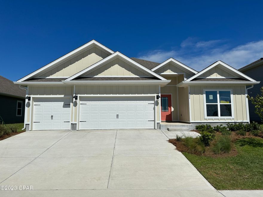 The Destin is a one-story, four-bedroom, three-bathroom, three-car garage floorplan. As you enter this home you are covered by a small front porch and walk into a foyer. The home's first two guest bedrooms and one guest bathroom are off of the foyer. If entering through the garage you will walk directly into the laundry room and then into the home's kitchen and living room area. The Destin have Gourmet Kitchens. The kitchen has granite countertops and Whirlpool Stainless steel appliances. Towards the back of the home are the third guest bedroom, guest bathroom, and main first bedroom.

Titus Park is in Panama City, Florida and is only minutes away from Tyndall Airforce Base! This large-scale multi-phase community is located off Highway 390 at Highway 231, centrally located for an abundance of shopping, restaurants, and great schools! Beautiful white sands beaches are just a short drive from your doorstep. Access the bay for fun and fishing by use of the public boat ramp only 3 miles away.  There will soon be a Publix shopping center across the street from the community entrance.  Titus Park highlights some of the most beautiful floorplans, which have amazing features.  We are building both our affordably priced Express Homes as well as our Traditional Series with upgraded finishes both inside and out. Contact a D.R. Horton Sales agent for more information on everything that Titus Park has to offer! A standard Smart Home package includes a KwikSet keyless entry, Skybell doorbell, automated front porch lighting, an Echo
Dot device, and Quolsys touch panel which can be integrated to control your lighting, thermostat, front door and so much more.
A builder 10 year structural warranty is also included.

Pictures, photographs, floor plans, elevations, features, colors and sizes are approximate for illustration purposes only and will vary from the homes as built. Home and community information including pricing, included features, terms, availability and amenities are subject to change and prior sale at any time without notice or obligation. For Move-In/Completion Estimates: Ready dates are estimates only. Timing of completion of construction and buyer move-in are subject to contingencies contained in home purchase agreement and governing jurisdictions issuance of a certificate of occupancy, and may change due to forces majeures and other delays or disruptions outside the reasonable control of the Builder.