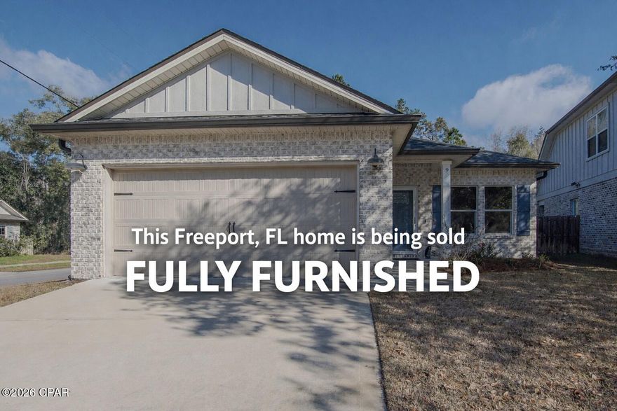 Turn-key, thoughtfully upgraded, and exceptionally well maintained, this all-brick Craftsman-style home offers easy single-level living in a quiet Laurel Oaks subdivision. Originally purchased as new construction on July 26, 2023, the home has been lightly used as a seasonal residence and enhanced with numerous functional upgrades since purchase. The open-concept floor plan flows through the great room, kitchen, and dining area, featuring raised ceilings, recessed lighting, and luxury vinyl plank flooring in the main living spaces, with carpeted bedrooms for added comfort. The kitchen offers white shaker-style cabinetry, quartz countertops, stainless steel appliances, pantry storage, and bar seating. Several cabinets have been upgraded

with slide-out shelving for improved accessibility and organization, and the kitchen is conveyed fully equipped.

The primary suite includes a walk-in closet, double vanities, and a tiled walk-in shower, while the guest bathroom features a tub/shower combination. Comfort-height toilets have been installed throughout the home, all closets include lighting, and the laundry room has added shelving. Washer and dryer convey.

Since purchase, in the attached garage the ceiling has been fully insulated to match the rest of the home, including an insulated garage door, and includes a water shut-off. Additional upgrades include, gutters, a screened rear porch, Ring doorbell, alarm system, remote thermostat, window treatments/blinds, garbage disposal, and irrigation system with a separate well. The home sits on a corner lot with a privacy-fenced backyard and is surrounded by similarly maintained homes within the subdivision.

Offered fully furnished, with furnishings purchased new in 2023, including televisions, linens, and a fully stocked kitchen, this home is truly move-in ready and ideal for a snowbird or second-home buyer seeking a low-maintenance, turnkey property. Located in Flood Zone X.

Conveniently located south of Hwy 20 near Hwy 331, Laurel Oaks provides easy access to Freeport conveniences while remaining a comfortable drive to coastal destinations.