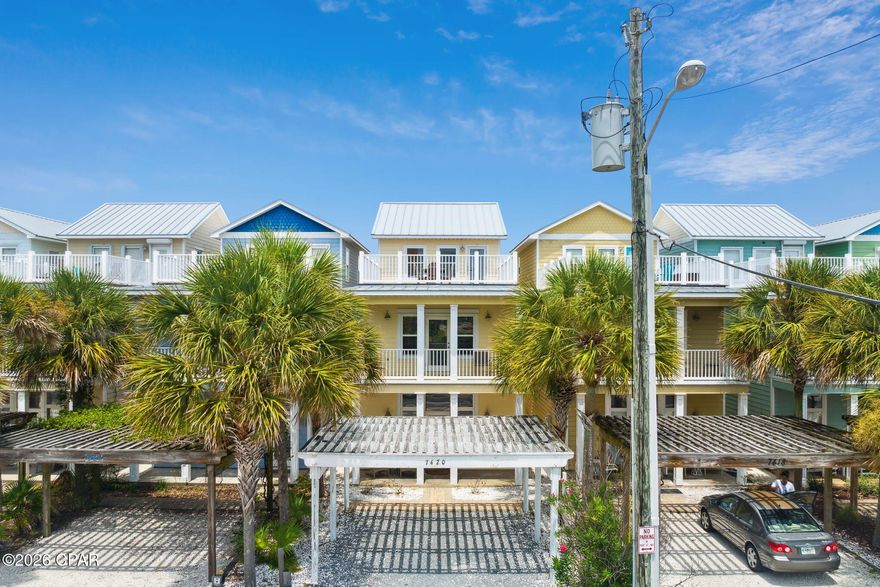 If owning a beach property in Panama City Beach is on your list, this fully furnished three-story vacation home is ready to go and has no HOA restrictions. Designed to comfortably accommodate up to 16 guests, the home offers beautiful Gulf views, a private fenced backyard with a pool, and a location just steps from the sand. The spacious 25' x 18' third-floor balcony is the perfect place to take in the Gulf scenery. Positioned directly across from Rick Seltzer Park, the views are protected and unlikely to change. Step inside from the covered front porch into a bright open-concept living, dining, and kitchen area featuring a fireplace, 11-foot ceilings, crown molding, and tile flooring throughout. The kitchen is designed for entertaining with granite countertops, a large island with breakfast bar seating, solid wood cabinetry, stainless steel appliances, and a generous walk-in pantry. Toward the rear of the first floor you'll find a spacious laundry room, a full bathroom with granite counters and a tub/shower combo, and a bedroom with a large walk-in closet and direct access to the bathroom. A side entrance near the staircase leads outside to a private walkway and gated backyard, where the pool and fully fenced yard create a great space for guests who want to alternate between the pool and the Gulf. Head up to the second level where the primary suite awaits. This retreat includes two closets, a private balcony overlooking the Gulf, and an ensuite bath with granite countertops, a jetted soaking tub, and a glass-enclosed walk-in shower. Another bedroom on this floor includes an owner's closet and its own full bathroom with granite counters and a tub/shower combination. The third floor serves as an entertainment space, featuring a second living area with 11-foot ceilings, tile floors, a wet bar with granite counters, a half bath, large sofas (including a sleeper), and a bunk bed--perfect for gathering or additional sleeping space. From here, step out onto the oversized 25' x 18' deck where you can enjoy unobstructed Gulf views while dining at the outdoor table and chairs. Built with weather-resistant Trex Decking and durable Hardie board siding, the home was designed for low exterior maintenance. The property is beautifully furnished and completely turn-key, making it ideal as a vacation rental or second home. Across the street, Rick Seltzer Park provides easy public beach access with restrooms, outdoor showers, and seasonal lifeguards. A nearby crosswalk allows for safe and convenient access to the beach. You'll also be close to some of the area's best attractions, including dining, shopping, boating, marinas, bike rentals, amusement parks, and St. Andrews State Park. This three-story beach home offers the perfect opportunity to enjoy the best of Panama City Beach living. and vacationing.