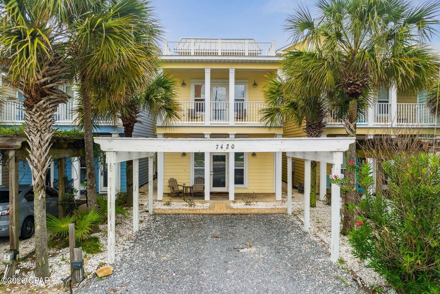 If owning a beach property in Panama City Beach is on your list, this fully furnished three-story vacation home is ready to go and has no HOA restrictions. Designed to comfortably accommodate up to 16 guests, the home offers beautiful Gulf views, a private fenced backyard with a pool, and a location just steps from the sand. The spacious 25' x 18' third-floor balcony is the perfect place to take in the Gulf scenery. Positioned directly across from Rick Seltzer Park, the views are protected and unlikely to change. Step inside from the covered front porch into a bright open-concept living, dining, and kitchen area featuring a fireplace, 11-foot ceilings, crown molding, and tile flooring throughout. The kitchen is designed for entertaining with granite countertops, a large island with breakfast bar seating, solid wood cabinetry, stainless steel appliances, and a generous walk-in pantry. Toward the rear of the first floor you'll find a spacious laundry room, a full bathroom with granite counters and a tub/shower combo, and a bedroom with a large walk-in closet and direct access to the bathroom. A side entrance near the staircase leads outside to a private walkway and gated backyard, where the pool and fully fenced yard create a great space for guests who want to alternate between the pool and the Gulf. Head up to the second level where the primary suite awaits. This retreat includes two closets, a private balcony overlooking the Gulf, and an ensuite bath with granite countertops, a jetted soaking tub, and a glass-enclosed walk-in shower. Another bedroom on this floor includes an owner's closet and its own full bathroom with granite counters and a tub/shower combination. The third floor serves as an entertainment space, featuring a second living area with 11-foot ceilings, tile floors, a wet bar with granite counters, a half bath, large sofas (including a sleeper), and a bunk bed--perfect for gathering or additional sleeping space. From here, step out onto the oversized 25' x 18' deck where you can enjoy unobstructed Gulf views while dining at the outdoor table and chairs. Built with weather-resistant Trex Decking and durable Hardie board siding, the home was designed for low exterior maintenance. The property is beautifully furnished and completely turn-key, making it ideal as a vacation rental or second home. Across the street, Rick Seltzer Park provides easy public beach access with restrooms, outdoor showers, and seasonal lifeguards. A nearby crosswalk allows for safe and convenient access to the beach. You'll also be close to some of the area's best attractions, including dining, shopping, boating, marinas, bike rentals, amusement parks, and St. Andrews State Park. This three-story beach home offers the perfect opportunity to enjoy the best of Panama City Beach living. and vacationing.