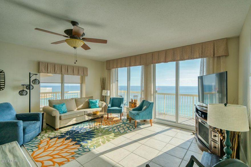 CURRENTLY UNDER CONTRACT, SELLER ACCEPTING BACKUP OFFERS. This upgraded, fully furnished 2-bedroom corner unit with wraparound balcony in Calypso Resort's West Tower sells turn-key ready for immediate rental or personal enjoyment. The highly coveted spacious floor plan features an open kitchen with large center island, panoramic views of the gulf from the great room, a wraparound balcony, and a Gulf front master suite with luxurious en suite bath. Additional finishes include tile floors throughout, custom storm shutters, hybrid water heater, and Coastal Green Air thermostat control. Calypso Resort boasts world-class amenities, including: two Gulf front lagoon pools with poolside tiki bar, a fitness room, and direct beach access with available beach chair service.