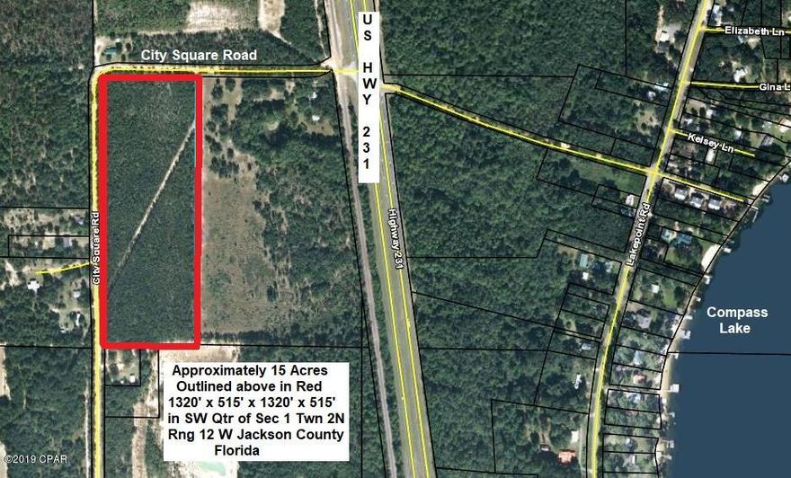 WOW  !! 15+ ACRES OF LEVEL HIGH AND DRY LAND just off busy U S Hwy 231 in SouthWestern Jackson County for approx. $ 2,500 per ac. This land is rectangular with a total of 1835' of road frontage. Conveniently located just 15 minutes South of Interstate 10 Exit # 130 and about 40 minutes North of Panama City. Just off of Hwy 231 and less than 1 mile from Public Boat Ramp on Beautiful Compass Lake for Fishing, Swimming, Skiing, etc. Opportunities like this one do not come along very often. ACT NOW to take advantage of this Opportunity to purchase nice land at a GREAT PRICE.