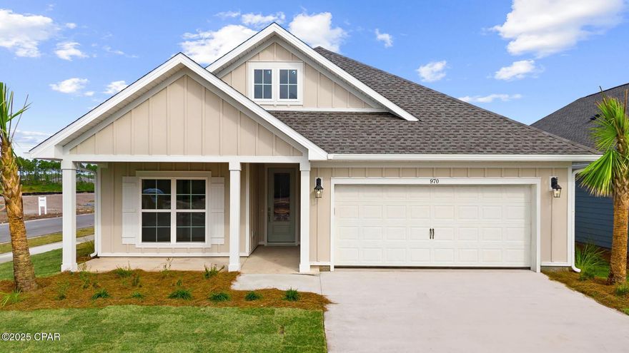 Welcome to 970 Crystal Bayou Boulevard, a new home at Breakfast Point East in Panama City Beach Florida. This home is ready for move in and is situated on a corner lot. This floor plan has a bright foyer with EVP flooring leading you to the grand living space which is the heart of the home. A large open concept living area is filled with natural light from the many windows and high ceilings.

The kitchen island overlooks the dining and living areas and is designed with quartz countertops, Herringbone tile backsplash, EVP flooring, and a single basin undermount sink in the island. Just off the kitchen, you'll find a secluded hall leading to the primary bedroom. Located in a private area of the home, this bedroom offers high ceilings and large windows.

The luxurious primary bath is complete with an oversize tile shower, a dual sink vanity with quartz countertops, and a large walk-in closet with shelving. The laundry room is also conveniently located at the other end of the hallway. All three guest bedrooms can be found on the other side of the home along with the two full guest bathrooms. Beyond the interior features and details, every home is equipped with Smart Home Technology. This thoughtful integration of technology ensures that your new home is perfectly designed to meet the demands of modern life. Call us today to schedule a tour of this beautiful home.