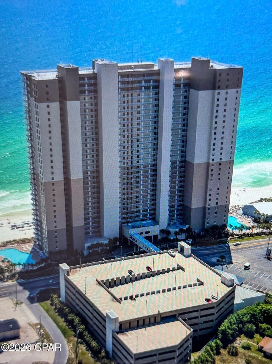 Gorgeous Beach Front West end unit with 1 bedroom 2 baths with outstanding views of the Gulf of Mexico and large Pools.  Beautifully decorated. Fully Furnished. Large living Room windows with sun drapes , Crown molding, 9ft Ceilings, Granite Counter tops, Ceiling Fans, pool miny bar and on premises miny market. Close to Pier Park for shopping, Restaurants, Theater, 24hr security, close proximity to International Airport. (Buyers to verify all room dimensions and information contained herein)