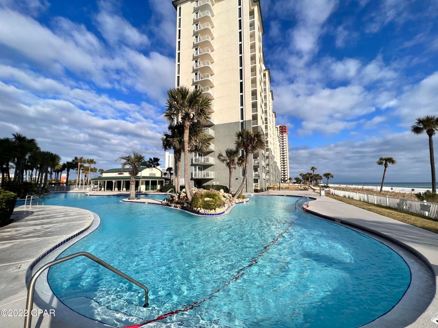 This studio at Long Beach Resort offers gulf views from the balcony and it has everything you need to enjoy all that Panama City Beach has to offer! This condo is being sold turn-key fully furnished. Long Beach Resort has a beautiful lagoon style pool with a center island featuring swaying palms and waterfalls. There are 2 additional pools at the resort and three whirlpools. The Hangout poolside Bar & Grill is convenient for grabbing lunch and drinks while enjoying the pool and gulf views. Gated community with 24 hour security. Come view this fantastic gulf front studio today!!