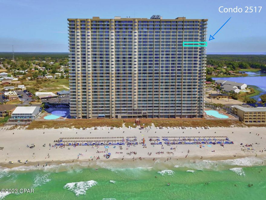 Sensational, Stunning & Breathtaking are just a few words to describe this special condo at Tidewater Beach Resort.  Highly desired east facing condo with a HUGE wrap around balcony gives you incredible views of Pier Park, and a wide-open coastline vista. Take in the holiday fireworks at the pier & the nightly lighted Ferris Wheel. This spacious fully furnished 3-bedroom condo also has double bunks to accommodate large families. Floor to ceiling windows in the family room allows for incredible views of the Gulf. There are TWO master bedrooms with their own private bathrooms. The 3rd bedroom & bunks have direct access to the 3rd full bathroom. Step into this unit with peace of mind as the AC unit was replaced in 2021 & the hot water heater in 2023. Recent updates are a NEW glass wall & slider rollers, NEW refrigerator, Soft close kitchen cabinets & drawers & NEW polywood balcony furniture. This condo also comes with TWO deeded storage units outside the condo- allowing for extra storage for all your beach toys and more. Check out the elevator that is right outside the unit that allows for a quick trip down to the beach. Tidewater is a true resort as it is packed with amenities. 2 Gulf front pools, indoor pool, hot tubs, gym, game room, theatre, onsite places to shop and grab a bite to eat and so much more. Large, gated parking garage right across the street with skybridge access. 24-hour security is on site. Pier Park is just 1 mile away for tons of shopping, restaurants and entertainment. This amazing condo is PRICED TO SELL!