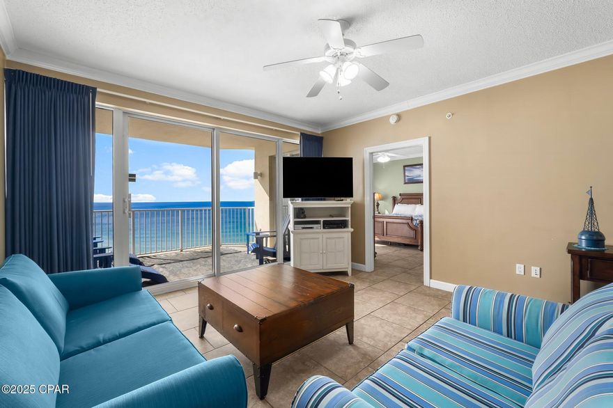 Welcome to Boardwalk Beach Resort Unit 1402, a beautifully maintained Gulf-front 2BR/2BA condo offering stunning panoramic views from the 14th floor. This spacious residence features an open-concept living area with direct balcony access, a fully equipped kitchen with granite countertops, and a large master suite overlooking the Gulf. The master bath includes a garden tub, separate shower, and dual vanity. The guest bedroom provides ample space for visitors, making the floorplan ideal for full-time living, vacation use, or rental potential.



Boardwalk Beach Resort offers exceptional amenities including a large zero-entry pool, hot tubs, kids' splash area, fitness center, and on-site dining. Owners enjoy a private stretch of beachfront and secure gated access. Conveniently located near dining, shopping, and Panama City Beach attractions, this condo delivers the perfect blend of comfort, views, and resort-style living.