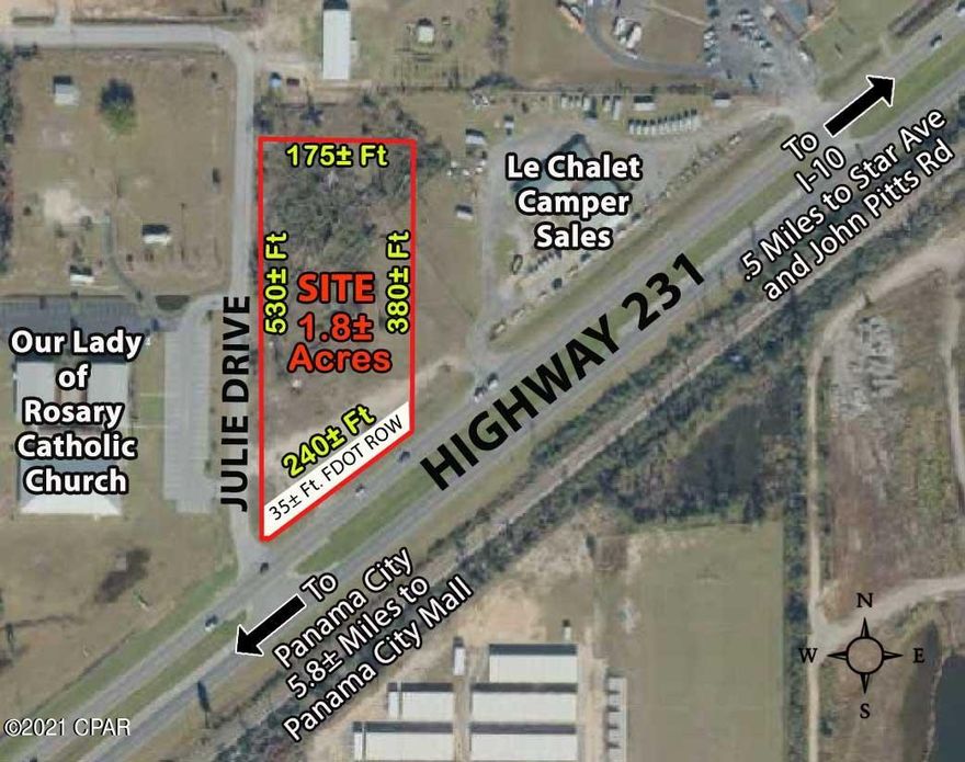 Primary Commercial Corner in an emerging market area on the Hwy. 231 corridor! Property is being offered for sale and also for lease ($2,000 / month). 240± feet on Highway 231 ; 175± feet on back (North) ; 530± feet on Julie Drive (West) ; Containing 1.8± acres ; All dimensions and acreage to be confirmed by formal survey. Said parcel being Southwest portion of Bay County Parcel No: 05856-000-000. Site is part of the Highway 231 FDOT improvement project which includes increasing from 4 lanes to 6 lanes. Property is being sold minus the FDOT Right of Way (ROW) taking.