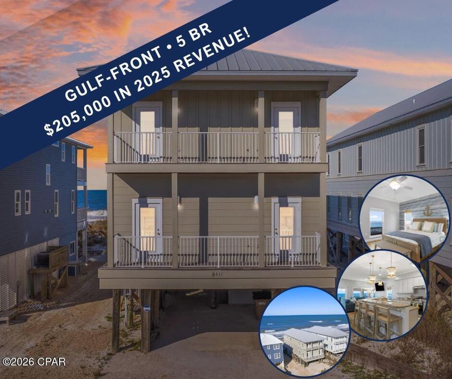 HIGHLIGHTS:
• Beachfront beauty
• Gorgeous Gulf views
• 3 levels with elevator!
• 5 Bedrooms, 7 Beds, 4 1/2 Baths
• Sleeps 16
• Successful short term rental (projections included)
• Recently painted interior
• All new furniture March 2024
• Multiple balconies/sun decks

*****

Get ready to live your best beach life with this fantastic Gulf-front gem! With 50 feet of direct access to the beach, this home is all about fun in the sun. Featuring 5 bedrooms and 4.5 baths, plus an extra area that can easily serve as a 6th bedroom, there's plenty of space for everyone!

Spread over three stories, this beauty includes an elevator for easy access to all levels. The main living area has an open floor plan that's perfect for gatherings, with a spacious kitchen packed with counter space, a large breakfast bar, a cozy dining room, and a welcoming living room. 

You'll love the oversized master bedroom with its own Gulf-facing balcony, where you can soak in those ocean views! Newly furnished as of March 2024, this home is ready for you to move right in or start renting out.

Parking? No problem! There's room for 4+ vehicles on the long driveway. Plus, you'll have direct boardwalk access to the soft, white sands of the beach—ideal for lazy days by the water. Located conveniently close to all the fun on the Forgotten Coast and just a hop away from a public boat ramp, you'll never run out of things to do.

With a laundry room and an additional closet for washer/dryer connections, this place has everything you need. Don't miss out on this incredible opportunity to embrace the beach lifestyle!