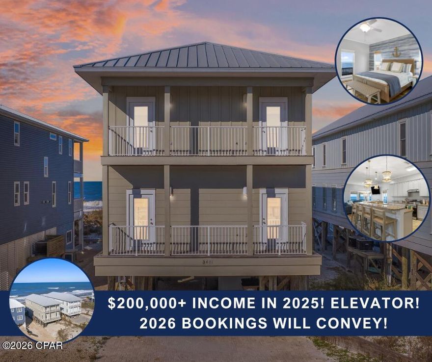 THIS PROPERTY BROUGHT IN OVER $200,000 IN GROSS REVENUE IN 2025!

Money maker AND beach renourishment has  begun on the Cape!  This gorgeous property is ready for you, and there's still plenty of high season left.  Seller will work with you to transfer existing bookings, so you've got money in the bank just waiting on your offer!

HIGHLIGHTS:
• Beachfront beauty
• Gorgeous Gulf views
• 3 levels with elevator!
• 5 Bedrooms, 7 Beds, 4 1/2 Baths
• Sleeps 16
• Successful short term rental (projections included)
• Recently painted interior
• All new furniture March 2024
• Multiple balconies/sun decks

*****

Get ready to live your best beach life with this fantastic Gulf-front gem! With 50 feet of direct access to the beach, this home is all about fun in the sun. Featuring 5 bedrooms and 4.5 baths, plus an extra area that can easily serve as a 6th bedroom, there's plenty of space for everyone!

Spread over three stories, this beauty includes an elevator for easy access to all levels. The main living area has an open floor plan that's perfect for gatherings, with a spacious kitchen packed with counter space, a large breakfast bar, a cozy dining room, and a welcoming living room. 

You'll love the oversized master bedroom with its own Gulf-facing balcony, where you can soak in those ocean views! Newly furnished as of March 2024, this home is ready for you to move right in or start renting out.

Parking? No problem! There's room for 4+ vehicles on the long driveway. Plus, you'll have direct boardwalk access to the soft, white sands of the beach--ideal for lazy days by the water. Located conveniently close to all the fun on the Forgotten Coast and just a hop away from a public boat ramp, you'll never run out of things to do.

With a laundry room and an additional closet for washer/dryer connections, this place has everything you need. Don't miss out on this incredible opportunity to embrace the beach lifestyle!

See the walkthrough video attached to this listing, and ask your agent for the Airbnb link as well.

Thank you for your interest. We look forward to your offer!