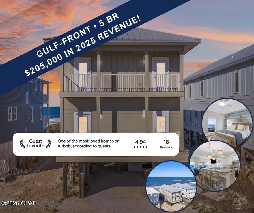 HIGHLIGHTS:
• Beachfront beauty
• Gorgeous Gulf views
• 3 levels with elevator!
• 5 Bedrooms, 7 Beds, 4 1/2 Baths
• Sleeps 16
• Successful short term rental (projections included)
• Recently painted interior
• All new furniture March 2024
• Multiple balconies/sun decks

*****

Get ready to live your best beach life with this fantastic Gulf-front gem! With 50 feet of direct access to the beach, this home is all about fun in the sun. Featuring 5 bedrooms and 4.5 baths, plus an extra area that can easily serve as a 6th bedroom, there's plenty of space for everyone!

Spread over three stories, this beauty includes an elevator for easy access to all levels. The main living area has an open floor plan that's perfect for gatherings, with a spacious kitchen packed with counter space, a large breakfast bar, a cozy dining room, and a welcoming living room. 

You'll love the oversized master bedroom with its own Gulf-facing balcony, where you can soak in those ocean views! Newly furnished as of March 2024, this home is ready for you to move right in or start renting out.

Parking? No problem! There's room for 4+ vehicles on the long driveway. Plus, you'll have direct boardwalk access to the soft, white sands of the beach—ideal for lazy days by the water. Located conveniently close to all the fun on the Forgotten Coast and just a hop away from a public boat ramp, you'll never run out of things to do.

With a laundry room and an additional closet for washer/dryer connections, this place has everything you need. Don't miss out on this incredible opportunity to embrace the beach lifestyle!