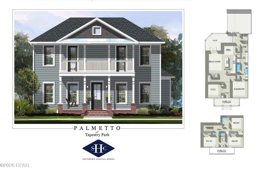 NEW CONSTRUCTION to be built in the brand new TAPESTRY PARK PHASE III in Panama City Beach built by Southern Coastal Homes. PICK YOUR DESIGN BOARD! 2 blocks to the beaches of the Gulf of Mexico and beach access #43, close to shopping and dining, and the famous Pier Park. Homeowners will have access to two community pools, lighted sidewalks and green spaces as well as access to tennis courts, basketball courts, and club house. This grand 4/3.5 PALMETTO floorplan is a brand new Southern Contemporary design with old Florida charm and coveted upgrades.
INTERIOR features include 10 ft ceilings with 8 foot interior doors, large volume Great Room with an open floor plan, dedicated study/flex room, kitchen with center island, custom cabinetry, walk-in pantry and stainless-steel appliances.

The FIRST FLOOR Master Suite has an expansive tiled shower, pedestal tub, double vanity large walk-in closet with direct access to laundry room. The second floor holds 3 well-appointed bedrooms; one with ensuite bathroom and jack-and-Jill layout.
EXTERIOR features of this home includes Hardie board siding with beautiful brick rocking porch, double front porches, 8 ft. exterior doors, rear detached garage with alley access and optional outdoor kitchen.
Home includes smart lock, tankless gas water heater, energy efficient appliances, dual A/C units and has been expertly designed by our design team.