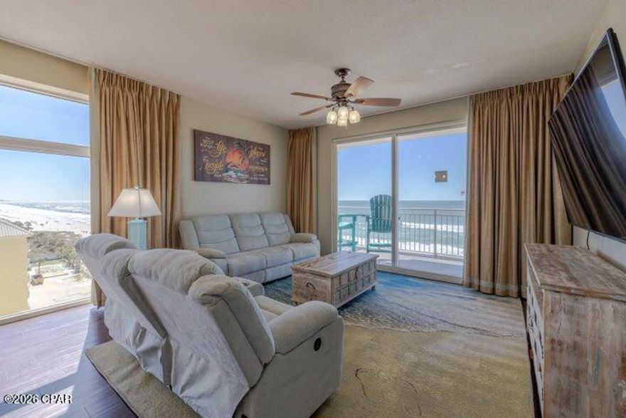 Nicely appointed and decorated condo in the heart of PCB with sweeping Gulf views of the much-desired 5th floor of Sterling Reef. This condo is spacious and airy with side windows that only an end unit can provide. Beautiful kitchen with island and adjoining lovely furnished living room with unobstructed views from the open space floor plan. You will not see another bathroom like this condo has anywhere on the beach. Oversized custom tile shower and custom bowl top vanities are simply stunning. The large 7X27 balcony deck overlooks the Gulf and has phenomenal views. Beachside master suite opens up to the balcony as well. New hurricane glass windows. Beachfront pool and garage parking are sure to please. Close to restaurants, shopping, marinas and entertainment. Seasonal beach chairs included. This is a must see! All dimensions are approx.