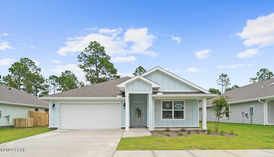 New Construction home located at 175 Cades Court in the Palmetto Bluff subdivision of Port St Joe FL.  The Cali floor plan is adorned with beautiful granite countertops, stainless-steel appliances, engineered vinyl plank flooring throughout the home, and more, the Cali at Palmetto Bluff is designed for comfortable, cozy living.  As you enter this 4 bedroom, 2 bath home, you will see 1,799 square feet of spacious living. Inside you will see 8' ceilings throughout, engineered vinyl plank flooring throughout the home including the bedrooms. Beautiful granite countertops, white cabinetry and a spacious open living room and kitchen make this home perfect for having guests over. The kitchen has a large center island with cabinets underneath, ideal for serving food and extra storage. The kitchen also has a spacious pantry, and the stainless-steel appliances include smooth top range, microwave, and dishwasher.  The primary bedroom has soft carpet and its own bathroom featuring a spacious walk-in closet with ventilated shelving, a double vanity with granite countertops, and a separate shower and tub.  On the outside you will see the soft beach colors on each of the homes with durable Hardi Board around the home. The Cali features a covered rear patio to sit and enjoy the beautiful Florida weather. Each home in Palmetto Bluff has sidewalks that intertwine the community for you to enjoy your walks with the family during the gorgeous sunset views in Port St. Joe. Homes are subject to prior sale or rent. Home and community information, association fees (if any), included features, terms, availability and amenities, are subject to change at any time without notice or obligation. Drawings, pictures, photographs, videos, square footages, floor plans, elevations, features, colors and sizes are for illustration purposes only and will vary from the homes as built.