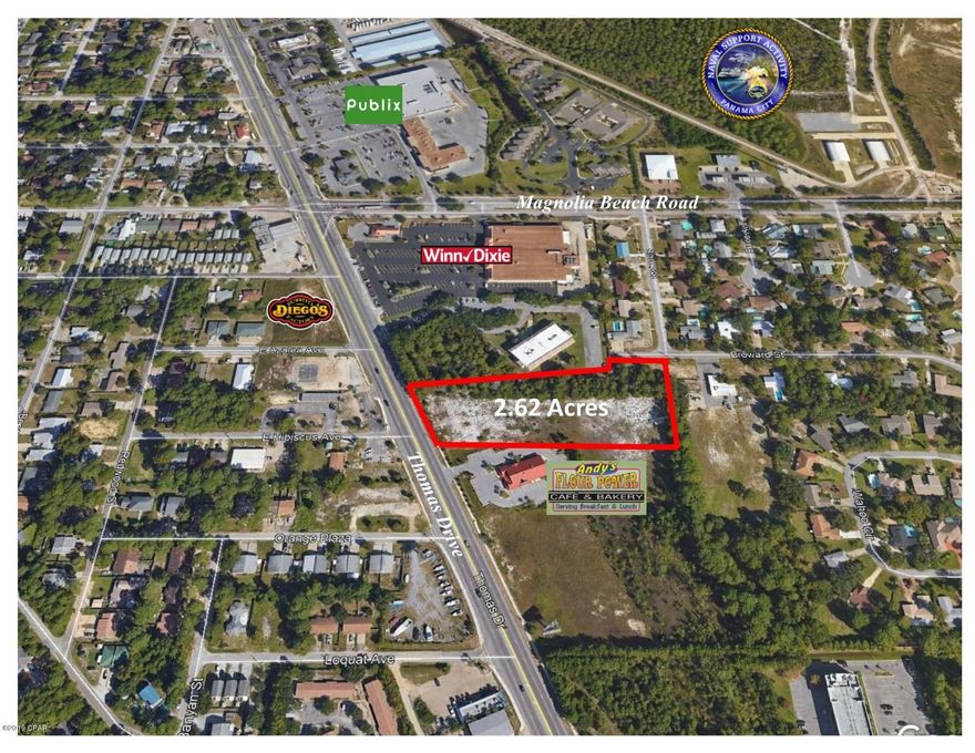 2.62 Acres  on Thomas Drive.  Zoned C-4 and located in unincorporated Bay County.  Excellent location for Restaurant, Office, Hotel, Entertainment, Retail, self-storage and many other uses. Located south of Winn-Dixie and Panama City Beach Office Park and north of Andy's Flour Power restaurant.  The site is high and dry with +/-152 feet on Thomas Drive. Will build-to-suit and lease.