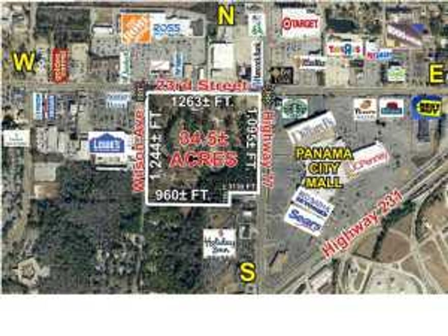 34.5+/- Acres - Southwest Corner of Highway 77 and 23rd Street. The most prime commercial location in Panama City - Bay County, Florida. The site every major retailer and developer has tried to purchase. Never before offered on the open market. The highest traveled commercial corridors in the market. Traffic signals at 23rd Street and Highway 77 and Wilson Avenue. Across from Panama City Mall (Sears, Penney's, Dillards, etc.) Target, Lowes, Home Depot, near hospitals, doctors, hotels, restaurants and banks. 34.5+/- Acres - 1,263+/- feet on 23rd Street; 1,095+/- feet on Highway 77; 1,244+/- feet on Wilson Avenue; 1,273+/- feet on the south. Zoning - General Commercial (C-2) - City of Panama City. Utilities - water and sewer - City of Panama City; Traffic Count - 32,500 - 23rd