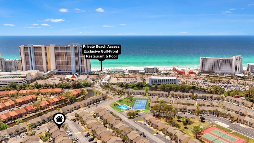 Beach Life, Rental Income & Incredible Value, All in One! This is the beach townhome you've been waiting for! Search on YouTube ''Live the Beach Life Every Day | Affordable Townhome Near the Gulf!'' for video tour. Fully furnished and truly rental-ready, all you need to bring is your suitcase and toothbrush. Located just a 5-minute walk to the beach, this beautifully maintained unit offers unbeatable value and comfort.
Enjoy your evenings on the extended tropical back patio or relax on the screened-in balcony, surrounded by 11 sparkling community pools. With 2 assigned parking spaces right at your door, convenience meets coastal charm. Additional highlights: VA & FHA approved, STR-friendly with strong projected GRI of $33k+. The home features a new roof, HVAC, and water heater (2018) giving you peace of mind and lasting quality.  Exceptionally cared for, this is a rare opportunity to own a move-in-ready beach retreat in one of Panama City Beach's most sought-after communities. You won't find a better deal at the beach! Call your agent TODAY! LOW HOA fees include: 11 pools(5 heated), pickleball, shuffleboards, water-front restaurant & pool, mini golf, exercise room, tennis courts, playground, WIFI, pest control, termite bond, trash, ground keeping, property patrol, gated community and more.