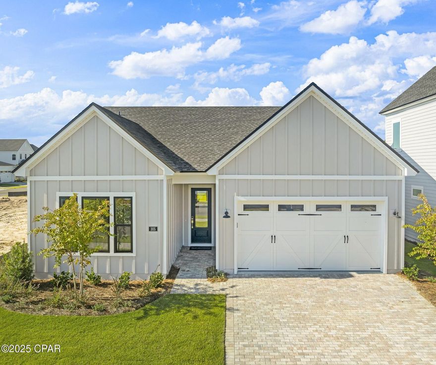 Move-in ready! Don't miss this stunning new single-story home offering 3 spacious bedrooms, 2 full bathrooms, plus a versatile bonus/flex room — perfect for a home office, gym, or playroom. Soaring 10' ceilings and luxury vinyl plank flooring throughout create an open, modern feel, with elegant tile in the bathrooms. The gourmet kitchen is a chef's dream, featuring quartz countertops, tile backsplash, a large island with deep sink, soft-close cabinetry, 5-burner gas cooktop, vent hood, built-in oven/microwave, and dishwasher. Primary bathroom has large walk-in closet, duel vanity and spacious shower with frameless glass, tile to ceiling and duel shower heads. 

Enjoy upgraded touches like the coated garage floor, paver driveway, and a covered lanai for relaxing or entertaining. Located just a short walk from incredible community amenities: resort-style pool, clubhouse, fitness center, tennis and pickleball courts, playground, multi-purpose field, and more! 

Short drive to public beach access, Pier Park shopping, dining and fun entertainment, airport, future FSU/TMH medical campus, future West Bay Center with Publix, and recreation outdoor activities at Frank Brown Park. 

This home is priced to sell quickly — don't miss your chance to live in this sought-after community!