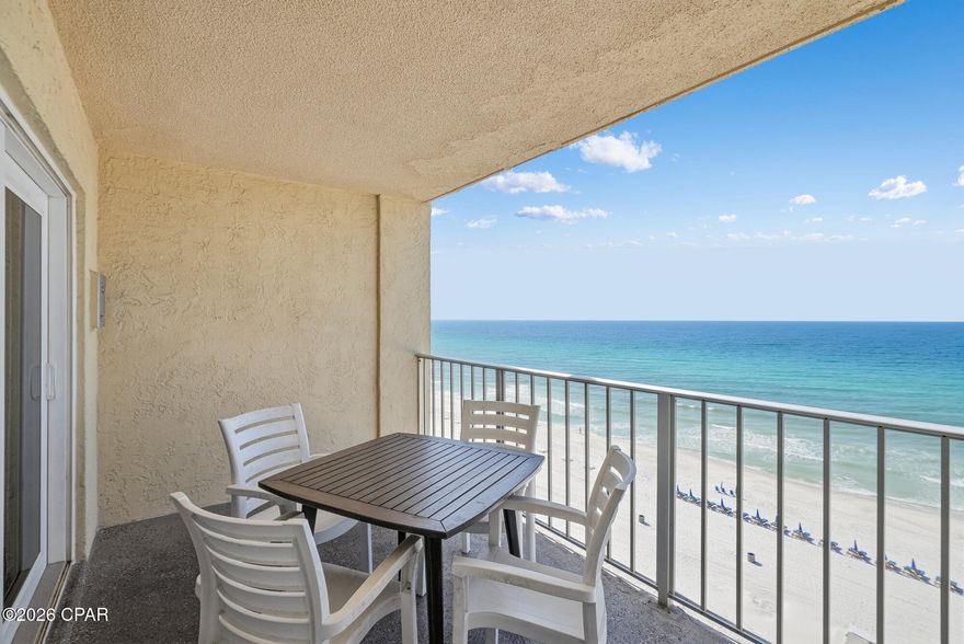 Regency Towers Unit 1020 is a Gulf-front 2-bedroom, 2-bath condo located on the desirable east end of Panama City Beach, Florida.  Positioned on the 10th floor with one of the best views in the complex, this beachfront residence offers panoramic Gulf of America views and direct access to the sugar-white sand beaches of the Emerald Coast. 
The open-concept layout features large storm resistant sliding glass doors leading to a private Gulf-front balcony, creating seamless indoor-outdoor living; showcasing stunning shoreline views and accented with nautical decor throughout. The Master suite includes balcony access and an updated en-suite bathroom with a newly tiled walk-in shower. A spacious guest bedroom and full updated bath provide comfortable accommodations for family and guests.

The kitchen features stainless steel appliances, a breakfast bar, and adjacent dining space, while the living area offers comfortable seating and a queen sleeper sofa. The guest bedroom includes two full beds, allowing the condo to comfortably host 8 guests and support strong short-term rental demand.  

Regency Towers is a gated beachfront community offering resort-style amenities including two Gulf-front pools (one heated), hot tub, fitness center, billiards room, grilling and picnic areas, high speed elevators, ample parking, Sand Bar Grill and Bar and direct beach access with 24-hour security.
Located near St. Andrews State Park, Grand Lagoon marinas, fishing charters, waterfront dining, and popular Panama City Beach attractions, this Gulf-front condo offers the ideal combination of coastal living, convenience, and rental income potential along Florida's Emerald Coast.
