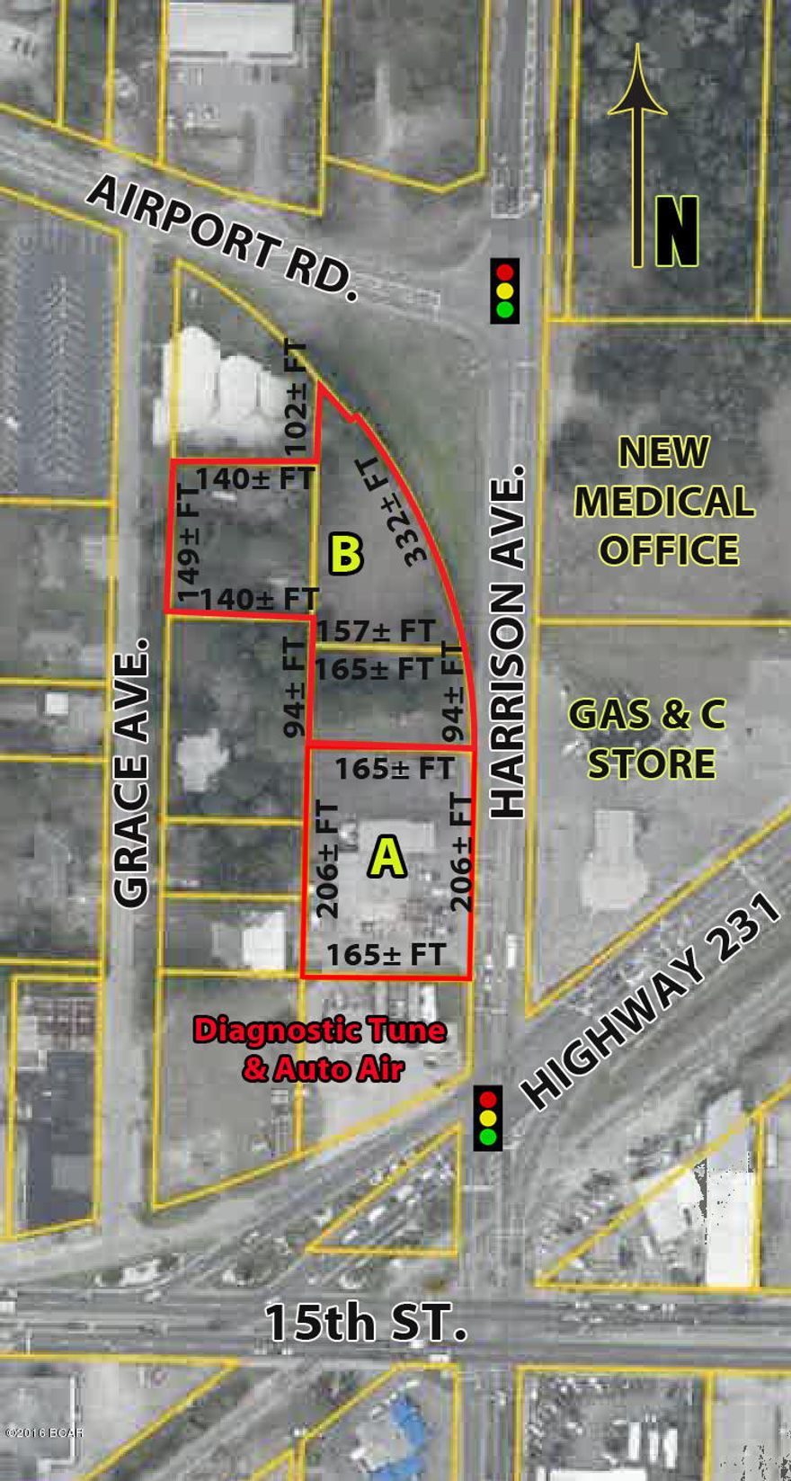 SUPER LOCATION - 2.27± ACRES (WILL DIVIDE). High Traffic - High Visibilty. Located at Harrison Ave - 200± FT N of Hwy 231 with Traffic Light. Older Building on Property with 7,926± SQ. FT. plus Canopy. All zoned GC2 Except North Parcel Frontage Grace Ave. which is MU2 (City of P.C.). Water and Sewer (City of P.C.). Traffic Count - Hwy 231 is 15,400 (FDOT 2015); 7,400 on Harrison Ave. (FDOT 2015). This is Parcel A & B Also see MLS #633776  and MLS #633777 for individual Parcel Listings . Purchaser Responsible for Verification of all information of any importance to them.