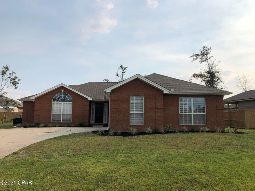 For Rent! Beautiful all brick home on a quiet Cul-De-Sac in the Dune Creek subdivision. Location is convenient to everything; shopping, dining, easy commute to Tyndall AFB, and just minutes from Deer Point Lake. Home has an open floor plan with split bedroom design. Tiled, eat in kitchen has a breakfast bar and features stainless appliances and plenty of cabinet space. The great room has a fireplace, with access to the back patio and large back yard. Master bedroom features trey ceilings, a large walk in closet, and master bath with double vanities and separate garden tub and shower. There are two additional bedrooms on the other side of the home, and a full bath which also boasts dual vanities. The over sized two care garage has plenty of extra room for storage. W/D hookup. Fenced Yard!