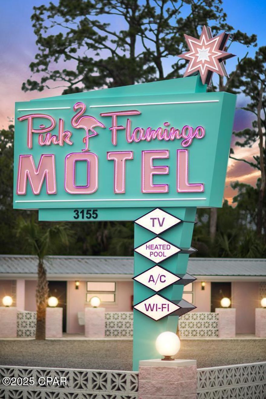 Welcome to The Pink Flamingo Motel, a fully renovated and reimagined boutique motel located along the scenic coastal corridor of Port St. Joe, Florida. Formerly the beloved Dixie Belle Motel, this iconic 10 unit property has been transformed into a vibrant, retro-inspired destination that blends midcentury charm with modern amenities. New paint, pavers, feature walls, swimming pool, bar, patio area, wash room, and so much more has been added to this motel. Everything has been completely stripped to the brick and updated. Each unit features unique colorful interiors, updated baths, keyless entry, mini fridges, microwaves, and semi private patios. A brand new pool with surrounding pavilions, a bar, and a large hand painted flamingo mural adds a fun, Instagram-worthy centerpiece for guests. Set on nearly half an acre with excellent frontage on Highway 98, the motel is just one mile from the sugar-sand beaches of the Gulf and minutes from downtown Port St. Joe's shops, restaurants, and marina. Zoned for commercial use with established branding and strong curb appeal, this turnkey hospitality property is ready for new ownership... ideal for investors seeking an income generating asset with style, character, and growth potential on Florida's booming Forgotten Coast.