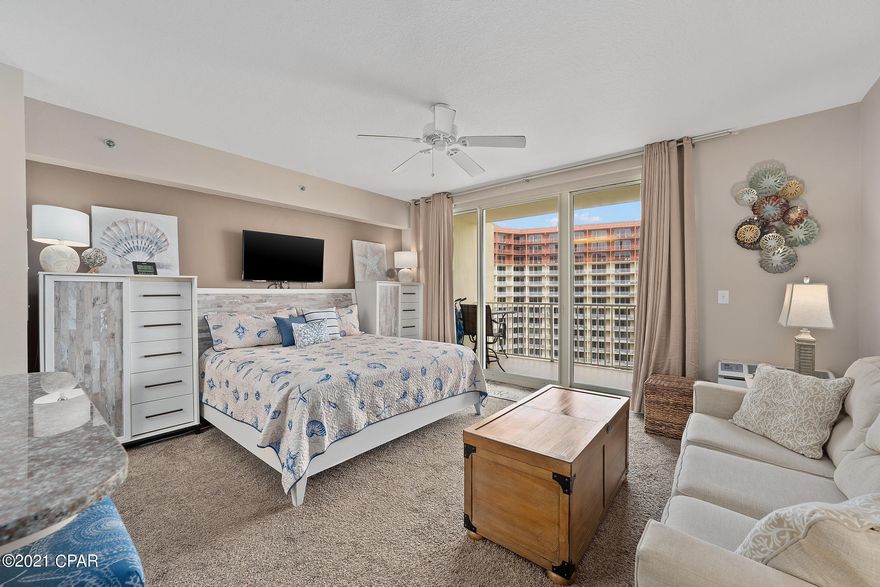 Gorgeous 473 sqft studio suite in the popular Shores of Panama resort! Ready for relaxing or vacation rental! Full kitchen, Private balcony, and stunning views of the Gulf and resort's Lagoon pool. 

Shores of Panama, is a 23 story Tuscany style condominium of gulf front luxury accommodations offering unparalleled amenities including almost 500' of Gulf frontage, 13,966 sq. ft. million dollar Gulfside, zero entry lagoon-style gulf side pool, Gulf side hot tub, Large heated indoor pool & hot tub, Covered on-site parking deck, Health center with fitness equipment, Two tiki bars serving lunch and dinner, Beach activities and rental services, Free high-speed internet access,  and more, surrounded by beautiful exterior details. The Shores of Panama is an excellent location on the beach next t Pineapple Willy's and is within walking distance of other restaurants and entertainment. Like thousands of visitors each year, your family will LOVE Shores of Panama.