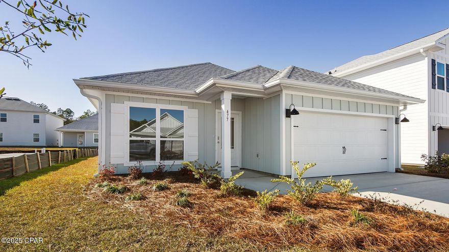 Welcome to 421 Wolcott Way, located in the Bayside at Ward Creek community in Panama City Beach. This home is under construction and features the Oakley floor plan that has just the right amount of open space for entertaining. As you enter the foyer, you are greeted by a flex space with a large picture window that allows the beautiful Florida sunshine to fill the front of the home. 

Continuing down the hall you will see the open concept kitchen, dining, and living area, complimented with vaulted ceilings which lend a grand feel to the heart of the home. This home has EVP flooring throughout which creates a seamless transition between rooms. The kitchen is accented with white cabinetry that is complemented by the quartz countertops and a center island. 

Nestled at the back of the home for privacy, is the primary bedroom with a spacious ensuite bathroom. The primary bathroom has a walk-in closet, soak tub, dual sink vanity with lower cabinetry and quartz countertops, and a separate shower. The additional bedrooms are located in an adjacent hall just off the kitchen and dining area. Here you will also find the full guest bathroom, linen closet for extra storage, and the laundry room with shelving above the washer/dryer hookups. Entertain with ease under the covered back patio, accessible through the full glass backdoor in the living room.