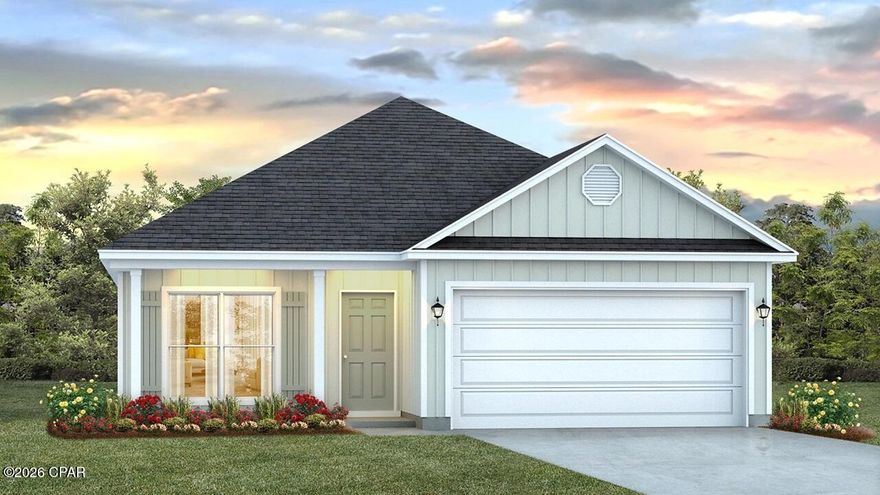 This home is to be built and features the Oakley floor plan that has just the right amount of open space for entertaining. As you enter the foyer, you are greeted by a flex space with a large picture window that allows the beautiful Florida sunshine to fill the front of the home. 

Continuing down the hall you will see the open concept kitchen, dining, and living area, complimented with vaulted ceilings which lend a grand feel to the heart of the home. This home has EVP flooring throughout which creates a seamless transition between rooms. The kitchen is accented with white cabinetry that is complemented by the quartz countertops and a center island. 

Nestled at the back of the home for privacy, is the primary bedroom with a spacious ensuite bathroom. The primary bathroom has a walk-in closet, soak tub, dual sink vanity with lower cabinetry and quartz countertops, and a separate shower. The additional bedrooms are located in an adjacent hall just off the kitchen and dining area. Here you will also find the full guest bathroom, linen closet for extra storage, and the laundry room with shelving above the washer/dryer hookups. Entertain with ease under the covered back patio, accessible through the full glass backdoor in the living room.