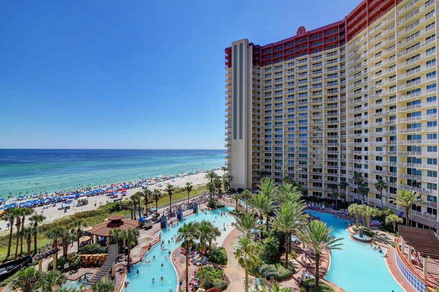 Amazing views of the Gulf and the resort style pool area from the living area and balcony. One of my favorite floor plans! Another incredible, sought after asset is the unit's dedicated Parking space on 7th floor-same floor as unit, no elevators needed. Beautifully decorated 2 bedrooms and a unique bunk room that has it's own full bath making a total of 3 full baths.The Balcony faces west and the sunsets are unbelievable! Other qualities that this unit has include 9 ft Ceilings, kitchen with granite countertops & breakfast bar. Shores of Panama offers unparalleled amenities: 13,966 sq. ft. gulf side pool, hot tub, large heated indoor pool & hot tub, fitness room, on site spa that offers sauna, massage therapy and steam room service, 2 tiki bar and kids club area. Come see!