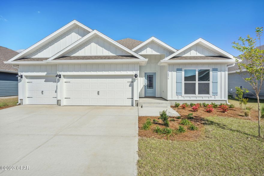 The Destin is a single story detached home that is in the highly desirable community of Titus Park. Located on the north east side of Panama City, Titus Park is a short drive to downtown Panama City, the Gulf of Mexico with sugar sand beaches, Tyndall Air Force Base, shopping, dining, and more! The home has a private entrance with concrete pathway, steps, and designer landscaping. Inside, you are warmly greeted by engineered vinyl plank floors that lead to a bright and open floor plan seamlessly connecting the kitchen to the living room and leading to the inviting, sunny backyard that backs up to a common area. Meticulous attention to detail is presented in the kitchen with granite countertops, white cabinetry with brushed nickel knobs, and stainless steel Whirlpool appliances which includes the following: stove, dishwasher, and microwave.   A 10' tray ceiling with beautiful crown molding gives the living area have a very open feel. The 1st bedroom is located directly off of the living area and also features a tray ceiling with crown molding, and a bathroom featuring a double vanity, large shower, full size soaking tub, and a walk in closet. There are 3 additional bedrooms located adjacent to 2 other full bathrooms. The back patio is a wonderful entertainment space for family and friends. There is more than ample storage available in the 3 car garage. New homes in Titus Park also feature a smart home system that includes a KiwkSet Keyless Entry, Skybell doorbell, automated front porch lighting, an Echo Dot, and a Qolsys touch pad, and customizable LED lighting. For more information, call model office at (850) 775-2027. Our model home is open Monday through Saturday 10-5PM and Sunday 1-5PM.