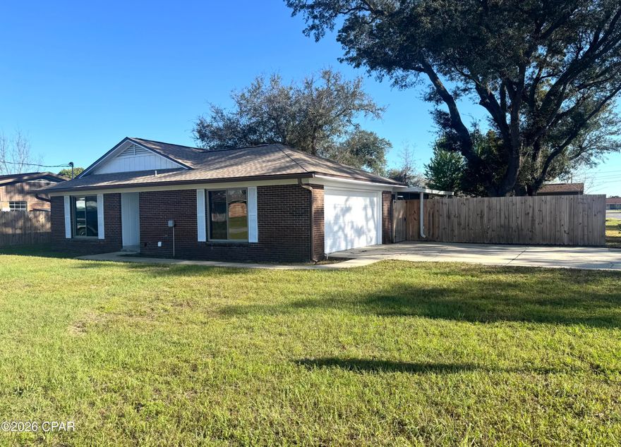 Welcome home to this charming red brick beauty on a spacious corner lot! This 3-bedroom, 2-bathroom home with a 2-car garage has been completely remodeled and is ready for its new family to move right in.

Inside, you'll love the open floor plan with recessed lighting, vinyl plank flooring, and cozy new carpet in all the bedrooms. The kitchen is the heart of the home, featuring a large island that overlooks the bright and open living room -- perfect for family gatherings or game nights.

The primary bedroom is tucked away for privacy and features a spacious closet and ensuite bath with a tub/shower combo. The second bathroom offers a double vanity and walk-in shower, giving everyone plenty of space.

Step outside to enjoy your own backyard oasis! Relax on the screened-in patio, or take a dip in the in-ground pool. There is plenty of enjoyable greenspace for entertaining and playtime in the brand-new privacy fence yard. There's even a storage shed and double gate access to the backyard for convenience.
This home also features Solar Panels, which are paid off, and will contribute to low electric bills month after month. With a new AC system, tankless water heater, and updates throughout, this home offers peace of mind and easy living. Pool maintenance is included in rent. Located just minutes from shopping, restaurants, and Tyndall Air Force Base, this home truly has it all -- comfort, style, and a great location.

Home is also listed for sale MLS 780745