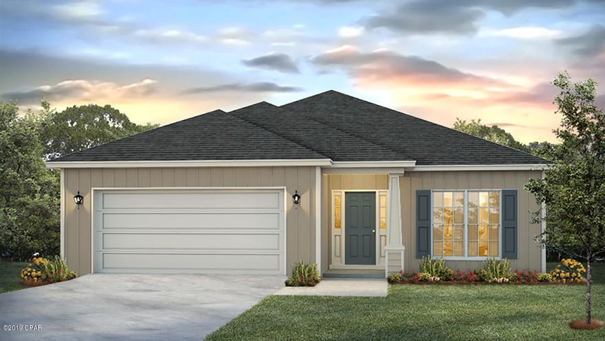 Ocala floor plan under construction. As you enter the foyer you will see traditional 8' ceilings, decorative doors with nickel hardware and vinyl sheet flooring throughout the common and wet areas of the home. There is a bedroom at the front of the home that looks out to the landscaped front yard. The kitchen is open and airy and has plenty of cabinetry as well as a pantry and center island. The countertops are durable laminate and the appliances include a smooth top stove, microwave and dishwasher. There is a small hallway just off the breakfast area that leads to two bedrooms and a hall bath and a laundry area. Additional features include, Smart Home system, auto garage door opener, kwikset combo lock, and a 1 year builder warranty and 10 year structural warranty. Fanning Bayou is a natural and secluded setting surrounded by conservation habitat, yet within proximity to shopping, dining, and the new Panama City International Airport. The neighborhood has a gorgeous pool house complete with a 5,000-sf pool, open and shaded lounge areas, entertainment pavilion and green. Pictures, photographs, floor plans, elevations, features, colors and sizes are approximate for illustration purposes only and will vary from the homes as built. Home and community information including pricing, included features, terms, availability and amenities are subject to change and prior sale at any time without notice or obligation. For Move-In/Completion Estimates: Ready dates are estimates only. Timing of completion of construction and buyer move-in are subject to contingencies contained in home purchase agreement and governing jurisdictions issuance of a certificate of occupancy, and may change due to forces majeures and other delays or disruptions outside the reasonable control of D.R. Horton, Inc