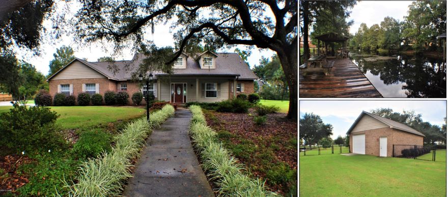 Gorgeous waterfront home on canal with access to Deerpoint Lake!  This 3-bedroom, 2-bath all-brick home was custom built in 2005 and features 10' ceilings, hardwood floors, and a split-bedroom floor plan.  The kitchen boasts solid-surface countertops, pantry, and a breakfast room that overlooks the water.  The Master Suite includes a bath with double sinks, his-and-hers walk-in closets, a garden tub, and a separate shower. You can access the long covered porch from both the living room and the master bedroom.  Outside you'll find a covered boat slip and large dock with fish-cleaning station.  You are only minutes from Deerpoint Lake by boat!  For the hobbyist, you'll love the detached workshop with 9' garage door and 10' ceilings. There is also a two car garage on the side of the home and parking should never be an issue thanks to an oversized driveway that can easily accommodate multiple vehicles including a boat or RV!    The landscaping all around the home is absolutely stunning and kept lush and green thanks to a sprinkler system.  This home is nestled in a quiet, private community, but you are only a mere 5-10 minutes drive to nearby Lynn Haven.  All info is approx. and must be verified by Buyers if important.