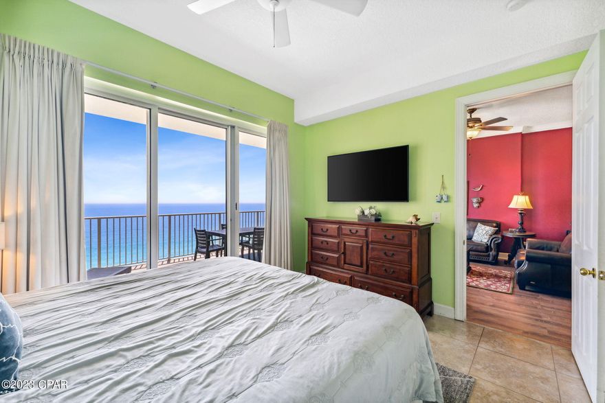 The Views are breathtaking from this unit.  The Location is Central for traveling from one end of our beaches to the other! Close to Pier Park, Frank Brown Park, Dining, Shopping, etc. This Condo has its 12 ft ceilings and is very spacious, with a large balcony approximately 27' x 10' that give access to Master Bedroom and the Main Living Area along with the beautiful Gulf views!  There is a new dining Table & Chairs (bench seating is great for this condo space) and 65'' TV, also new flooring Main Living area in 2022.   Well Maintained unit, 2021 new Hot Water Heater, Couches, Washer & Dryer, Large Room Rug and Patio Furniture.  This unit is a rented and used by family. Schedule your appt. today!