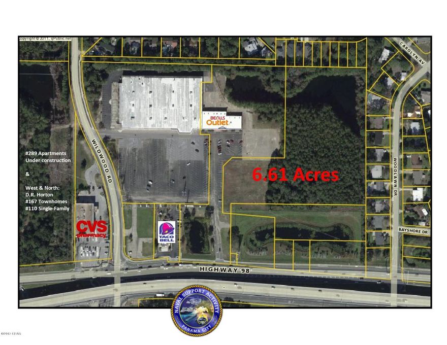 +/-7.9 Acres at the base of the Hathaway Bridge.  Ideal for many commercial uses including, but not limited to: Multi-Family, Warehouse, Flex, Office , Retail, Showroom, R&D, Hotel, Self-Storage, etc. The property is adjacent to, and east of, the WOW Building (f/k/a Beall's Outlet) and Extra Space Storage ( f/k/a KMart) Buildings. The property is cleared and includes the retention pond. Deed restrictions apply.  The property is zoned C-4 ''Research & Design'' in unincorporated Bay County

Allows for uses under C-3 General Commercial, plus self-storage, yard storage, light assembly, warehousing, etc.  Warehouse, Flex, Office , retail, showroom, R&D, Hotel, Self-Storage, etc. Cross-access easements providing easy access to U.S. Highway