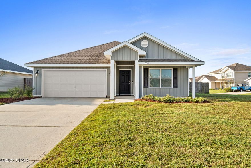 Offering a $5,000 Seller Credit with an acceptable offer!

Welcome to 7106 Penn Way; a move-in ready home where comfort, functionality, and family living come together. This Cali floor plan sits on a spacious lot in a quiet, community friendly subdivision. Step inside to a bright, open floor plan that's perfect for gatherings and everyday life. The spacious living area flows seamlessly into the kitchen and dining spaces, making it easy to stay connected while cooking dinner or helping with homework.

The kitchen features rich cabinetry, stainless steel appliances, a large center island, and plenty of counter space - the kind of kitchen that quickly becomes the heart of the home. The split-bedroom layout offers privacy for the primary suite, complete with a double-sink vanity, soaking tub, and separate shower. Two additional bedrooms and a full bath give everyone their own space, whether for kids, guests, or a home office.

Out back, enjoy a covered patio and fenced yard that's ready for backyard barbecues, playtime, or letting the dog run free.

Tucked in a quiet, friendly neighborhood just minutes from Lynn Haven, Tyndall AFB, and downtown Panama City, this home offers quick access to schools, parks, and shopping; as well as a short drive to the beach for weekend fun. Whether you're starting out, growing your family, or simply looking for a place that feels like home, 7106 Penn Way delivers space, comfort, and community in one inviting package.