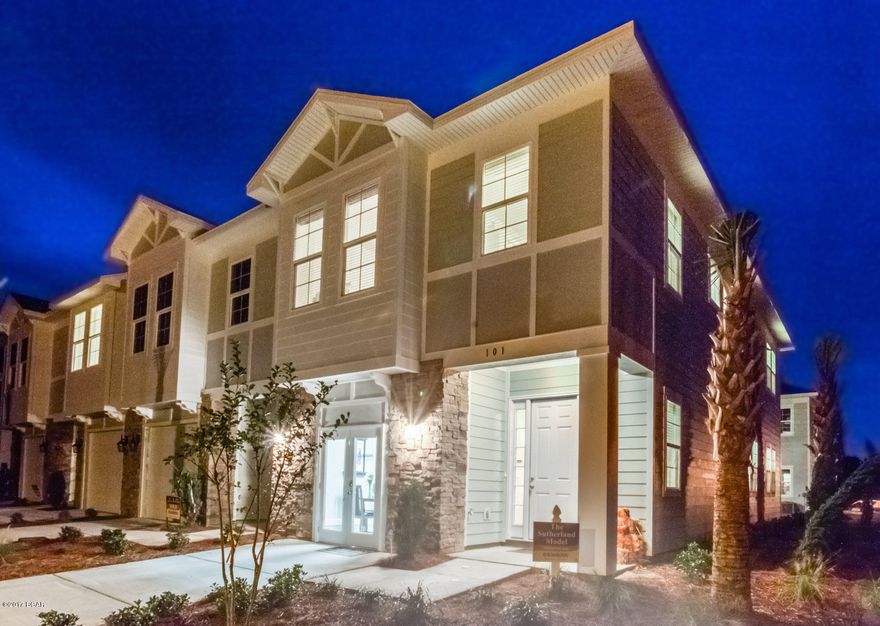 LOCATION LOCATION LOCATION!! A short distance from the beach, shopping and restaurants. Centrally located to most beach schools. The Sutherland plan, exterior unit, offers an open concept and 10ft. ceilings downstairs and 9 ft. upstairs. Featuring ivory color toned cabinets, and Giallo Fiesta granite counters throughout. Stainless steel appliances, and luxury wood look vinyl flooring. Upstairs you will find 3 bedrooms and 2 baths. Master bath features a tiled shower and a separate garden tub. Pictures may be of similar, but not necessarily of subject property, including exterior and interior colors.