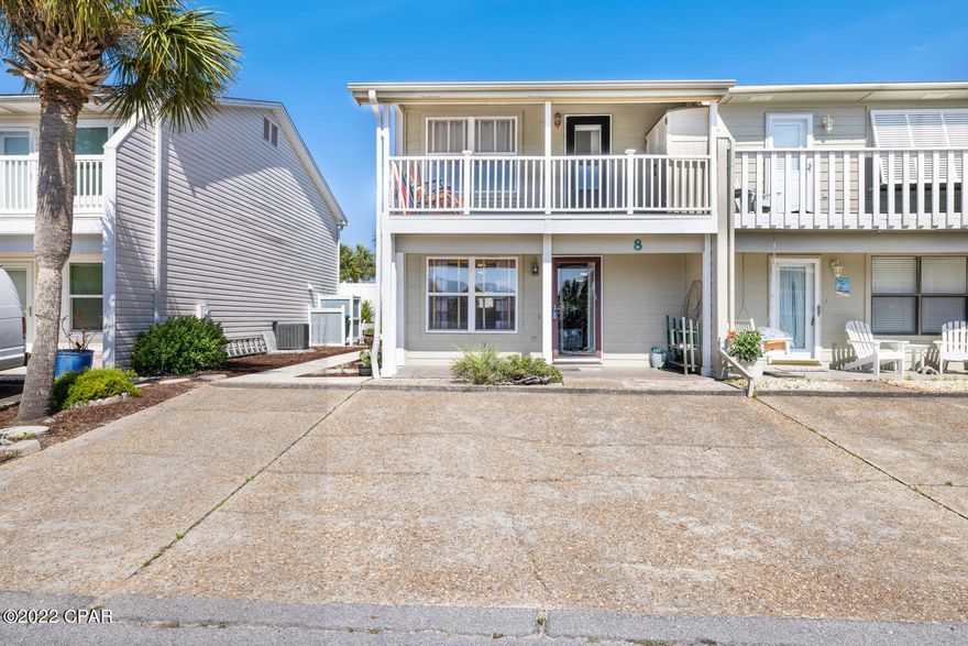 2bd 2bth West End Townhome in the sought after Villa Chateaus.  The owner has upgraded or replaced major portions of the exterior and interior.  Including: New Roof-2019; Most exterior siding-2018; Doors and Windows-2016; New HW heater-2018; Rebuilt stairs-2017; Redesigned Laundry Room-2016; New flooring throughout-2016; Ceilings refinished and painted-2020; New Heating and Air and Microwave-2022; Kitchen Cabinet pullouts; Butcher block counter tops.  And the unit is within 150 Yds of the White Sands of the Beach.